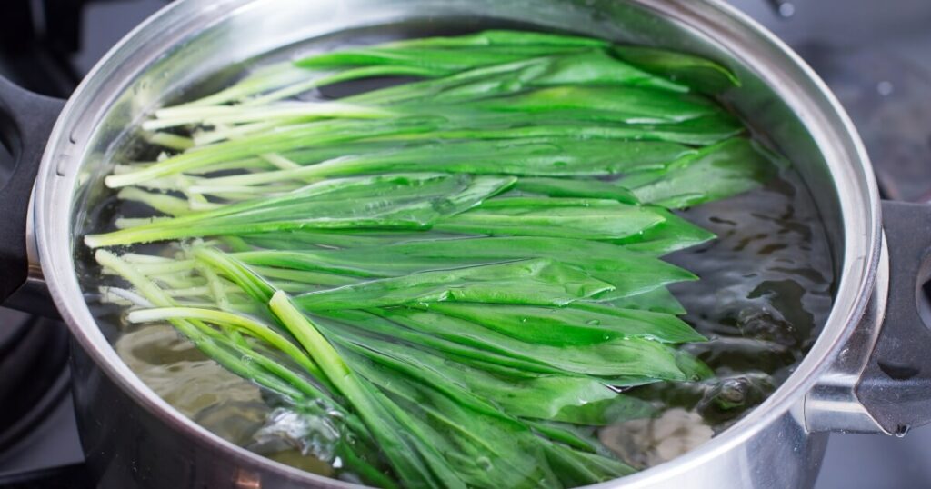 blanching green vegetables in big pot