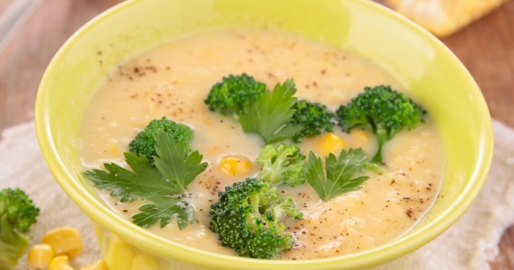 corn soup with broccoli florets for scallops