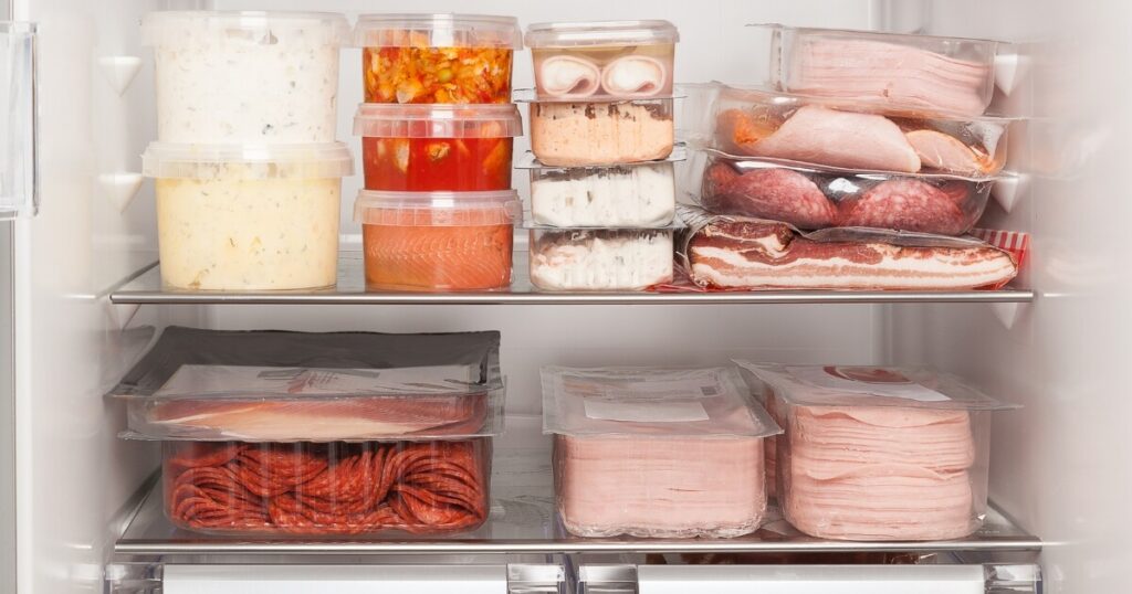 packaged ham in fridge
