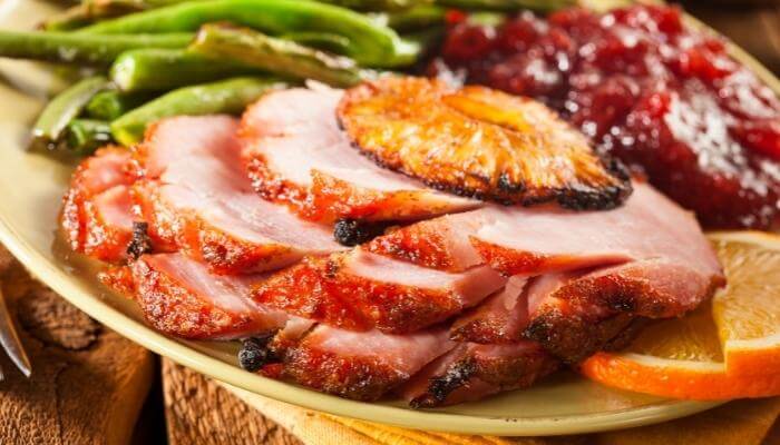 plate of cooked honey-baked ham