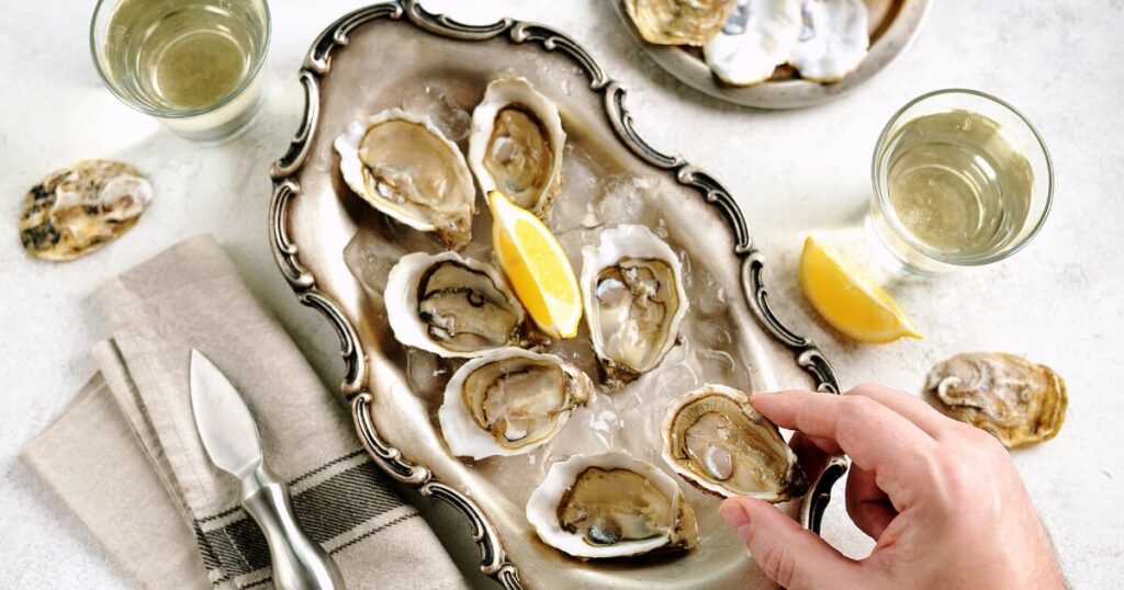 tray of oysters paired with drinks
